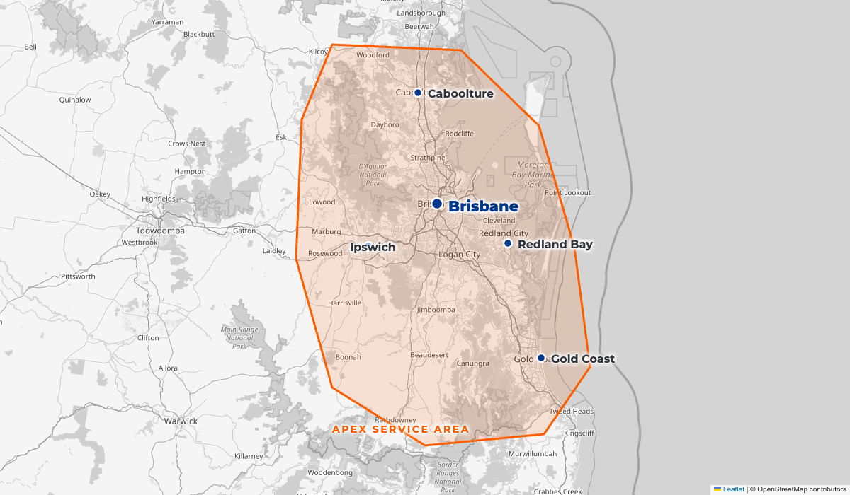 Map of South East Queensland showing the Apex service area from Caboolture to the Gold Coast and west to Ipswich