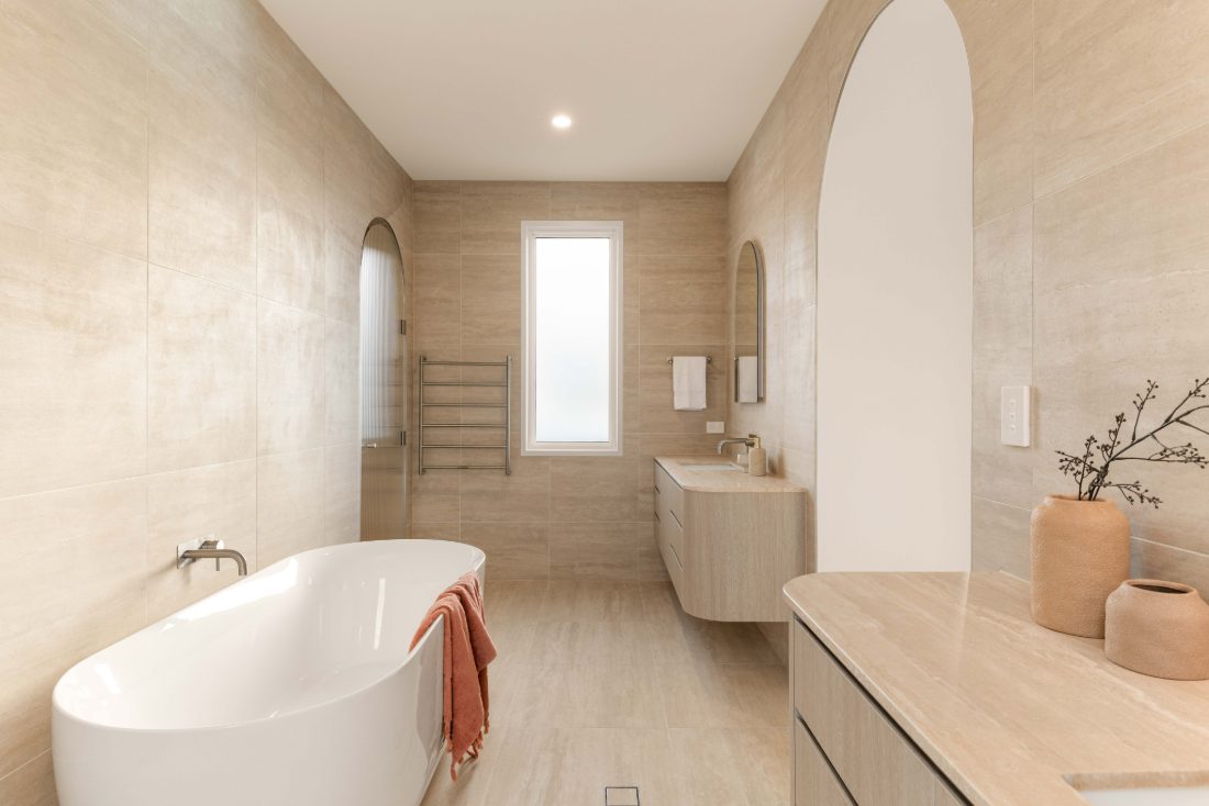 Completed main bathroom with freestanding bath on a new residential project